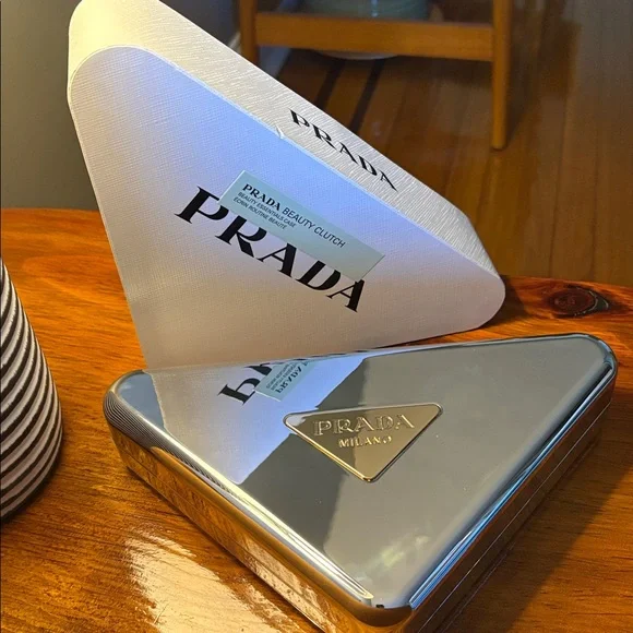 NEW Prada Beauty Metallic Silver Triangle Case Clutch - Picture 6 of 6